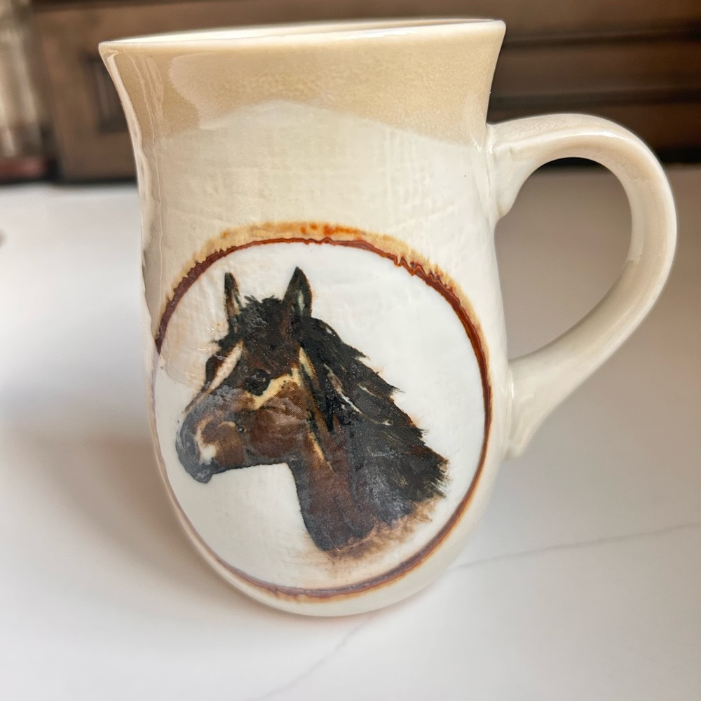 Vintage Hand-Painted Horse Stoneware Mug in Cream and Brown